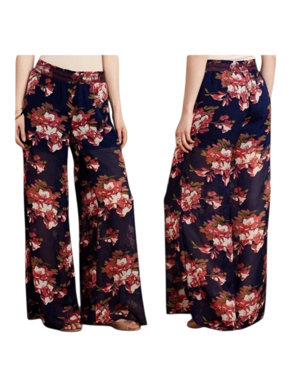 Anthropologie Elevenses Navy Wide-Leg Floral Palazzo Pants M
